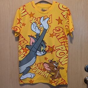 Tom And Jerry Adult Small Tshirt, Yellow With All Over Cartoon Print